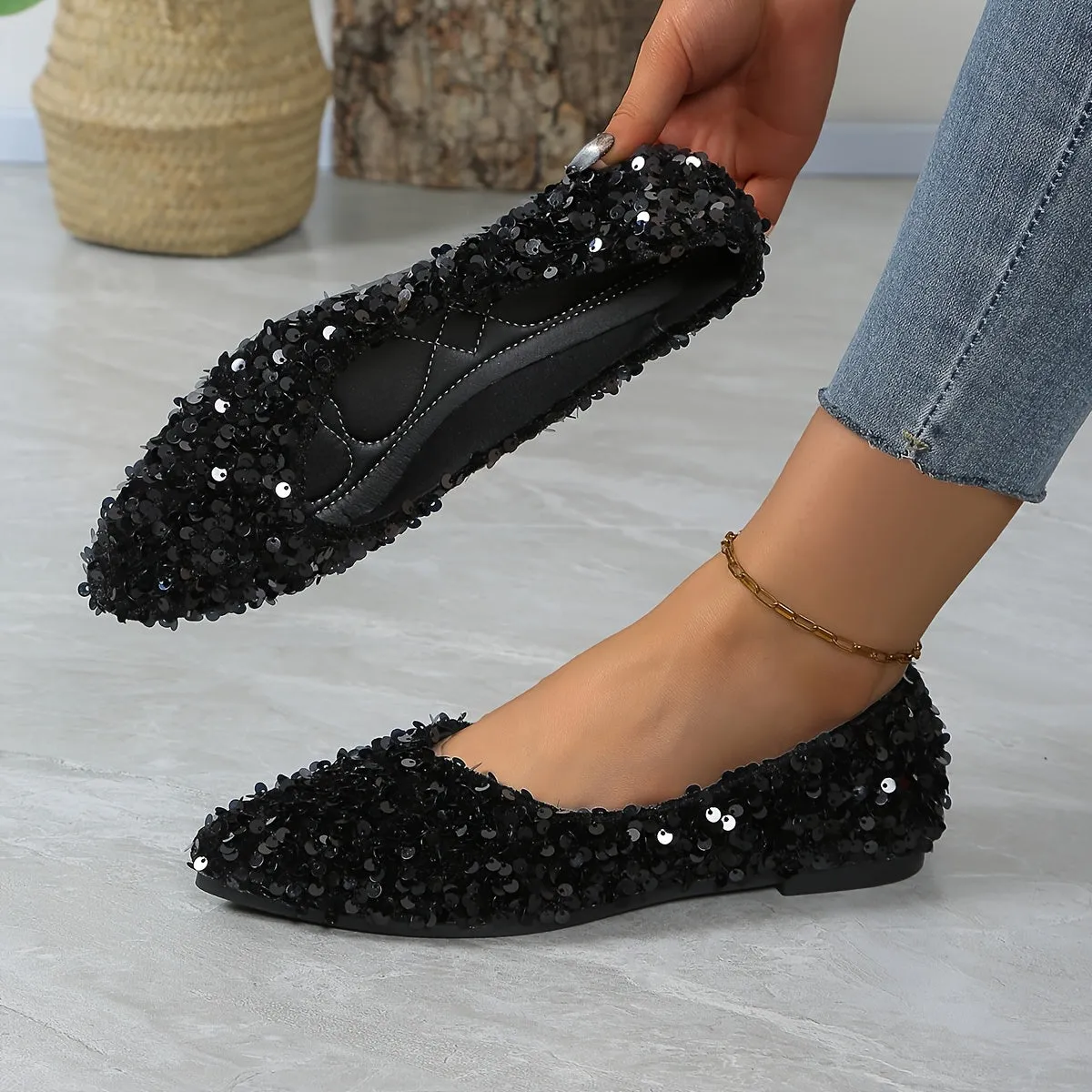1 Pair Elegant French Style Pointed Toe Flats for Women, Sequin Embellished, Lightweight Slip-On Shoes with Rubber Sole, Fabric Upper, TPU Insole, Versatile for All Seasons