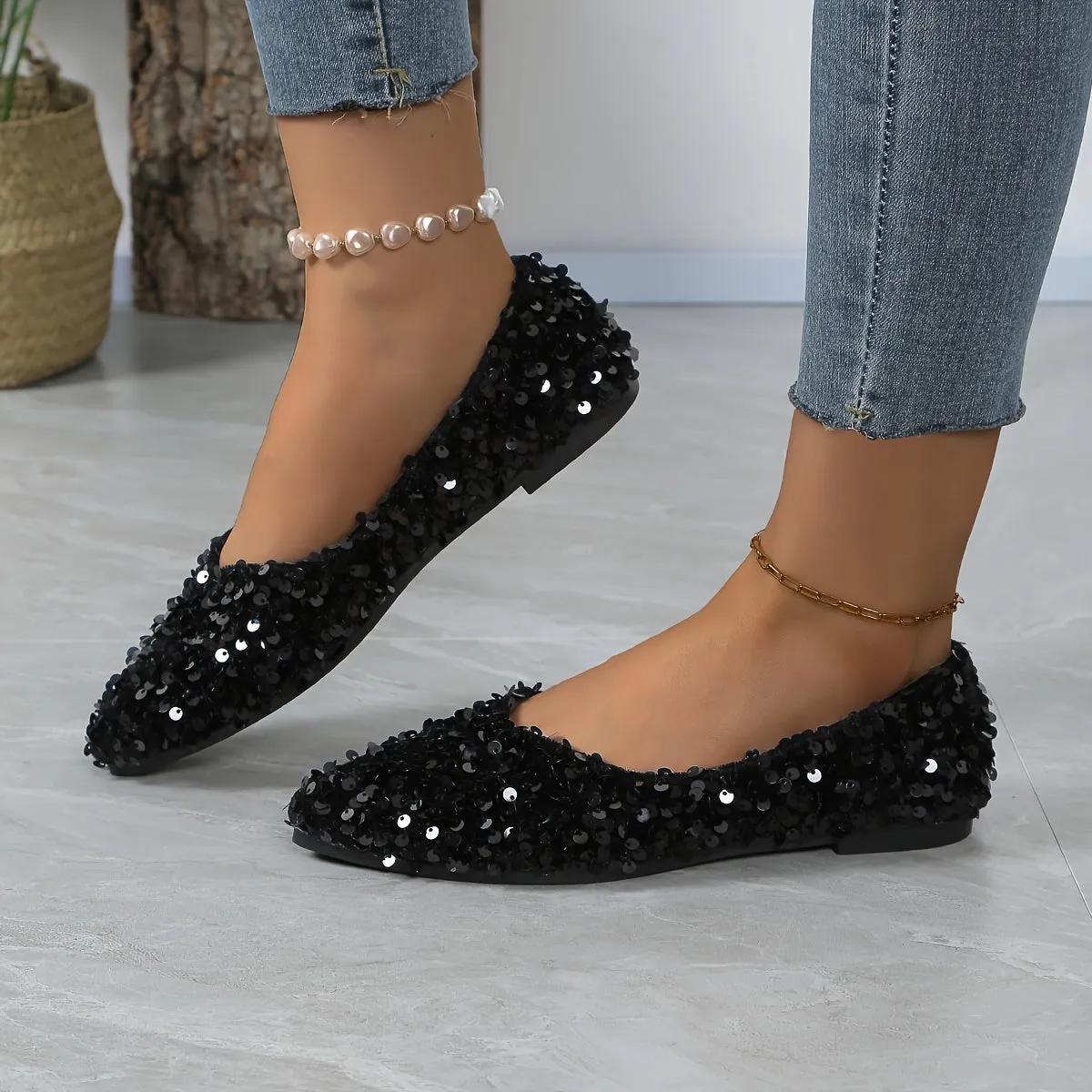 1 Pair Elegant French Style Pointed Toe Flats for Women, Sequin Embellished, Lightweight Slip-On Shoes with Rubber Sole, Fabric Upper, TPU Insole, Versatile for All Seasons