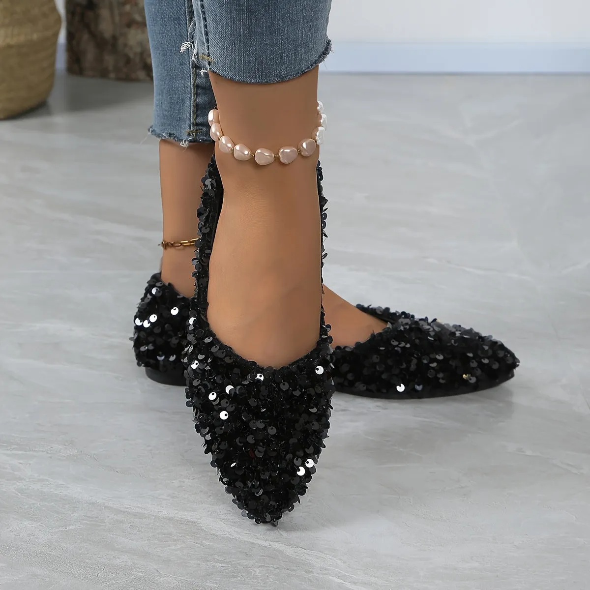 1 Pair Elegant French Style Pointed Toe Flats for Women, Sequin Embellished, Lightweight Slip-On Shoes with Rubber Sole, Fabric Upper, TPU Insole, Versatile for All Seasons