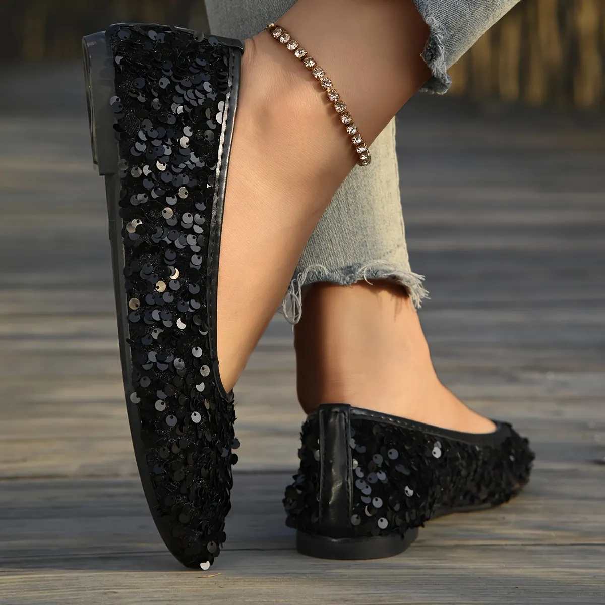 1 Pair Elegant French Style Pointed Toe Flats for Women, Sequin Embellished, Lightweight Slip-On Shoes with Rubber Sole, Fabric Upper, TPU Insole, Versatile for All Seasons