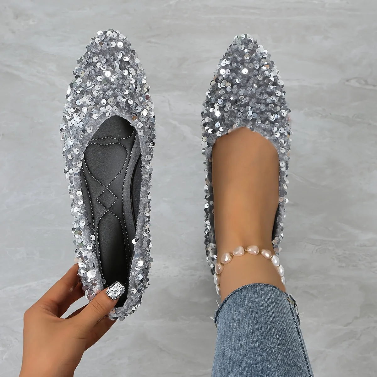 1 Pair Elegant French Style Pointed Toe Flats for Women, Sequin Embellished, Lightweight Slip-On Shoes with Rubber Sole, Fabric Upper, TPU Insole, Versatile for All Seasons