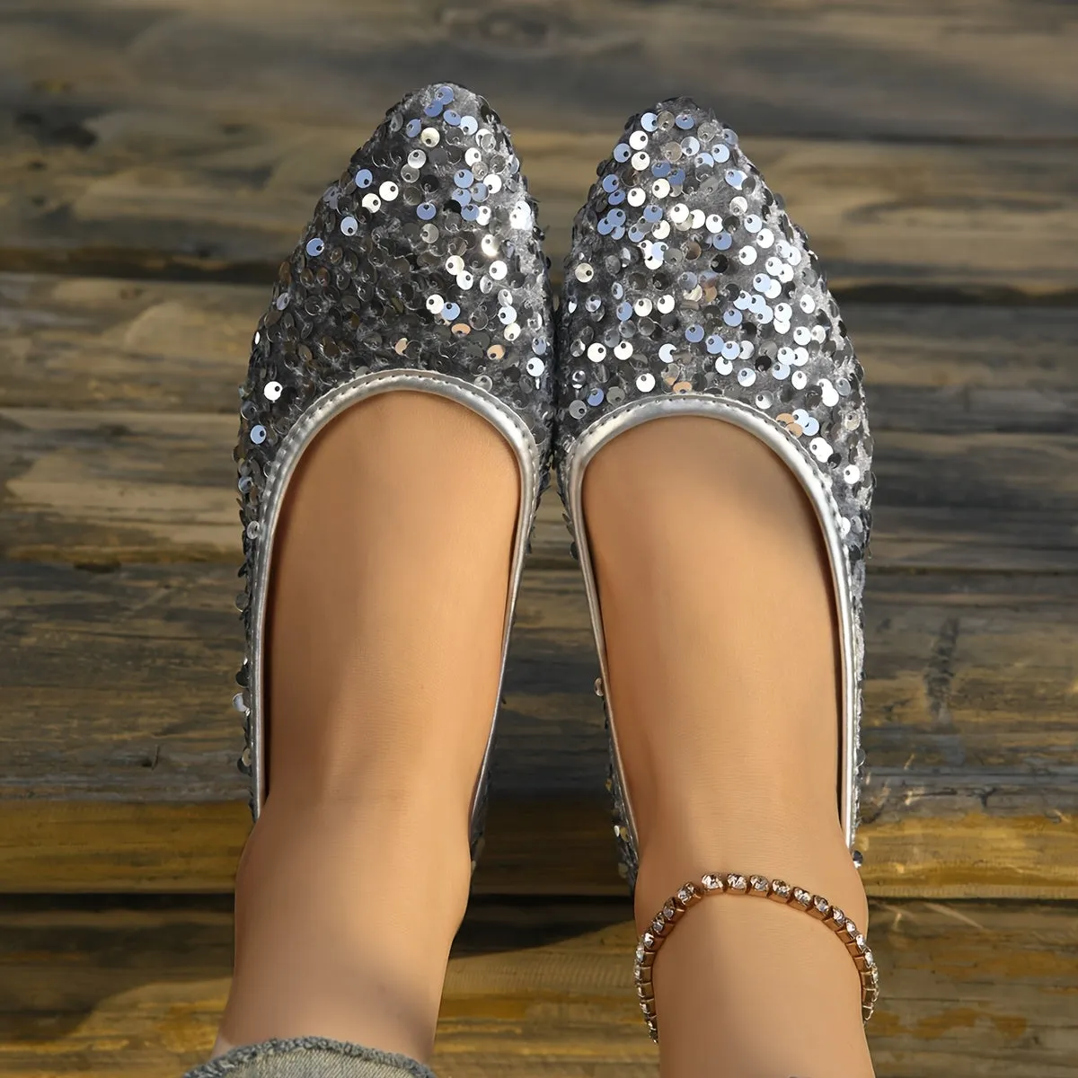 1 Pair Elegant French Style Pointed Toe Flats for Women, Sequin Embellished, Lightweight Slip-On Shoes with Rubber Sole, Fabric Upper, TPU Insole, Versatile for All Seasons