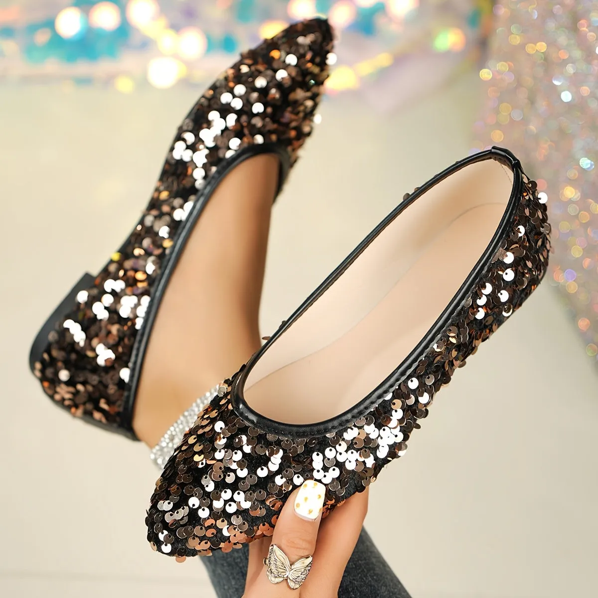 1 Pair Elegant French Style Pointed Toe Flats for Women, Sequin Embellished, Lightweight Slip-On Shoes with Rubber Sole, Fabric Upper, TPU Insole, Versatile for All Seasons