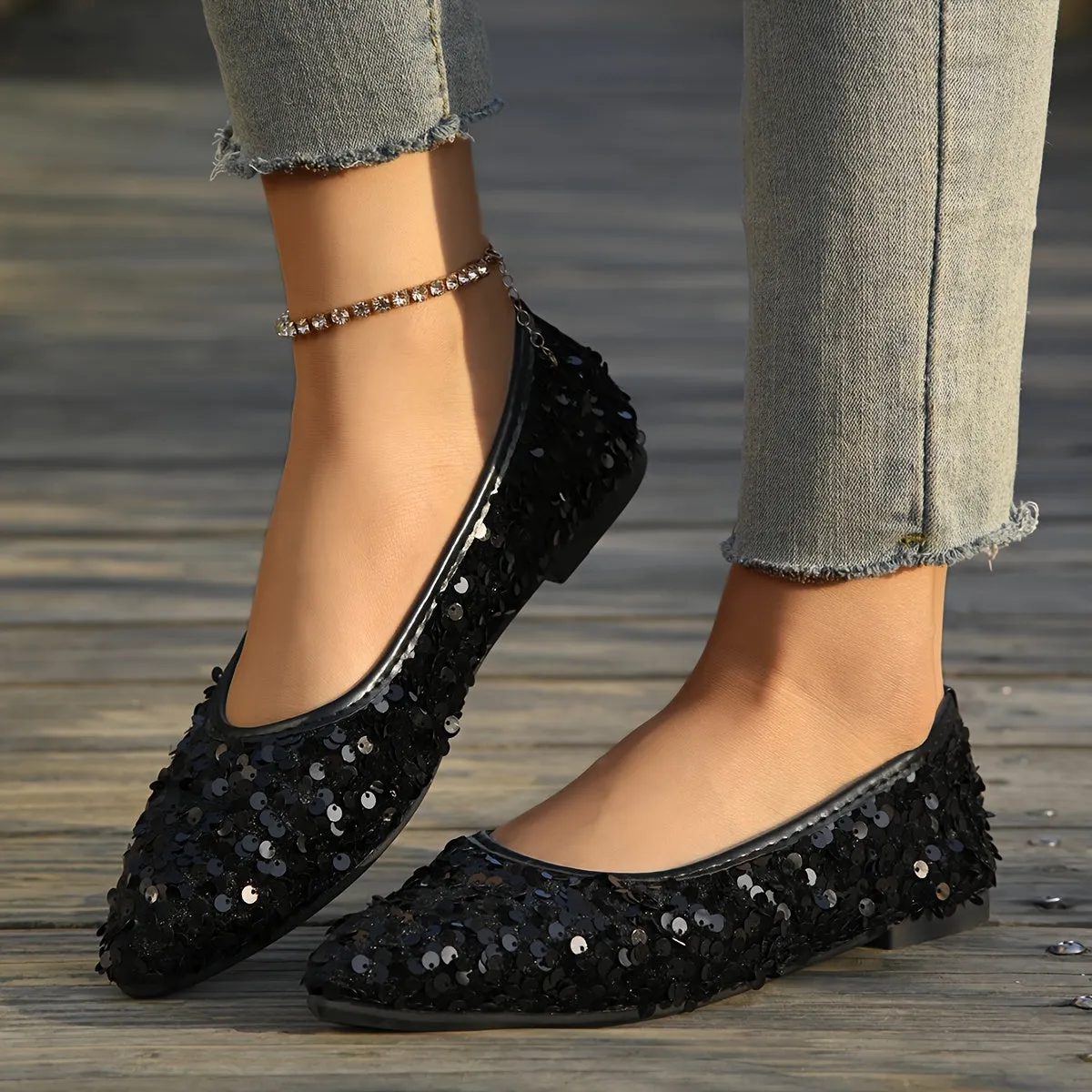 1 Pair Elegant French Style Pointed Toe Flats for Women, Sequin Embellished, Lightweight Slip-On Shoes with Rubber Sole, Fabric Upper, TPU Insole, Versatile for All Seasons