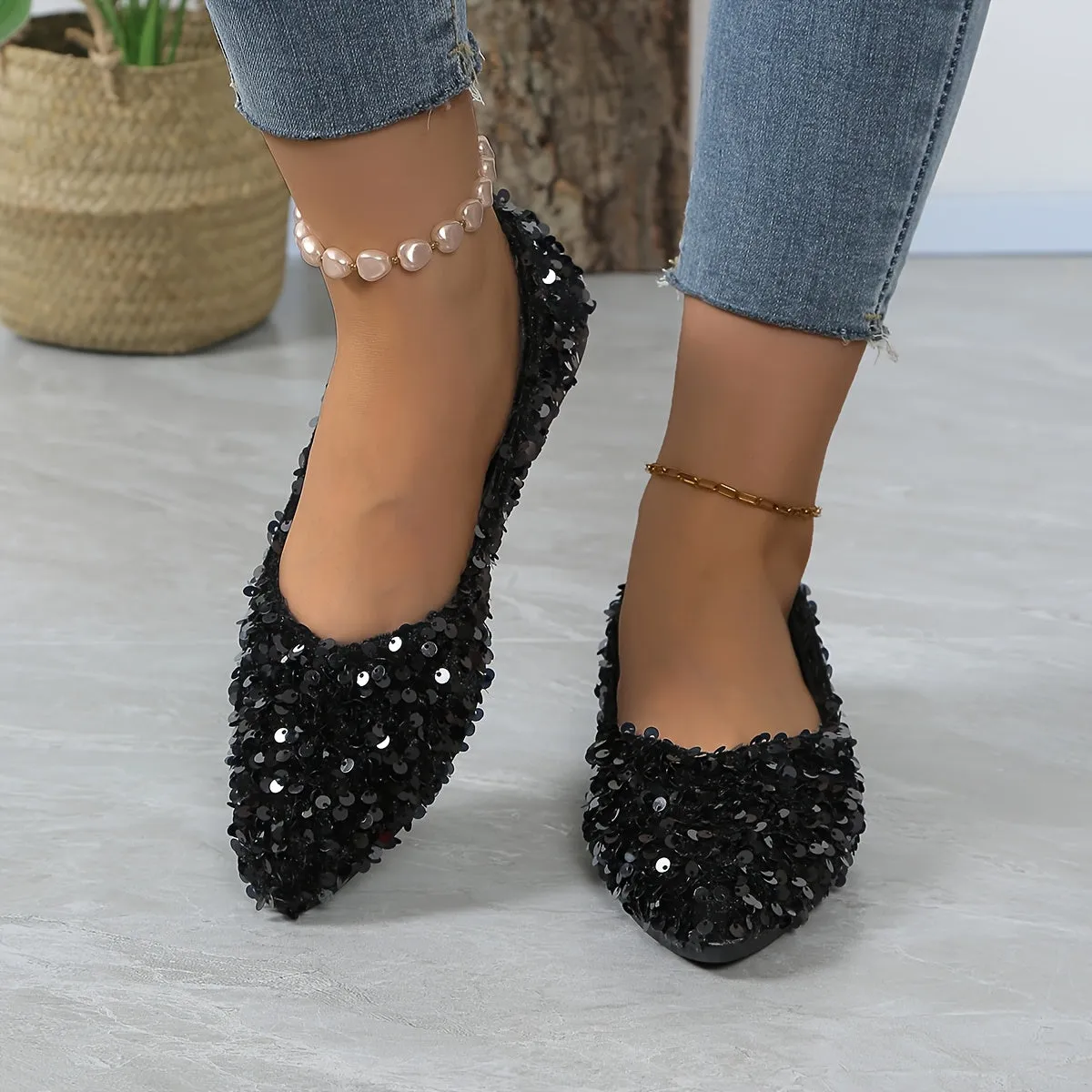 1 Pair Elegant French Style Pointed Toe Flats for Women, Sequin Embellished, Lightweight Slip-On Shoes with Rubber Sole, Fabric Upper, TPU Insole, Versatile for All Seasons