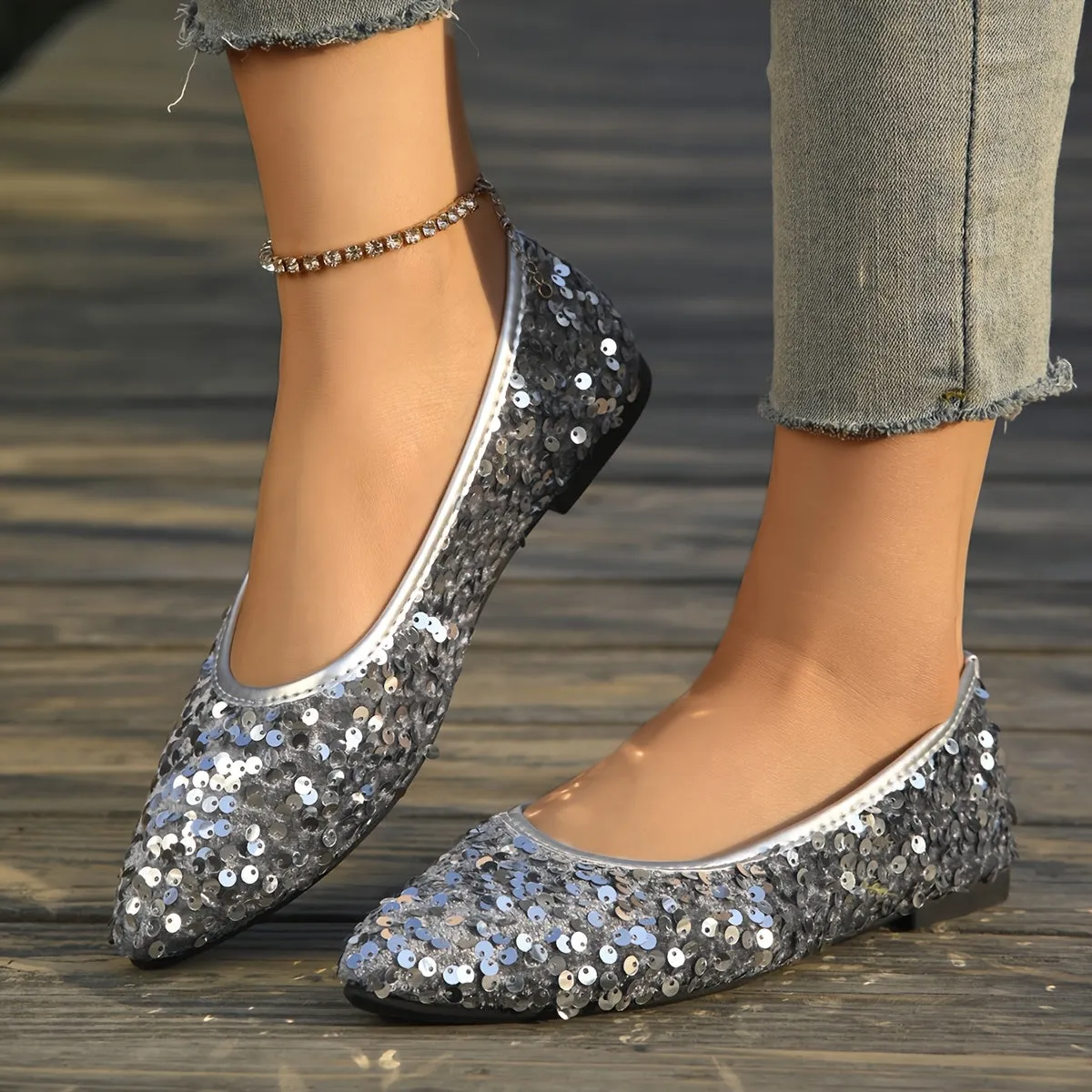 1 Pair Elegant French Style Pointed Toe Flats for Women, Sequin Embellished, Lightweight Slip-On Shoes with Rubber Sole, Fabric Upper, TPU Insole, Versatile for All Seasons