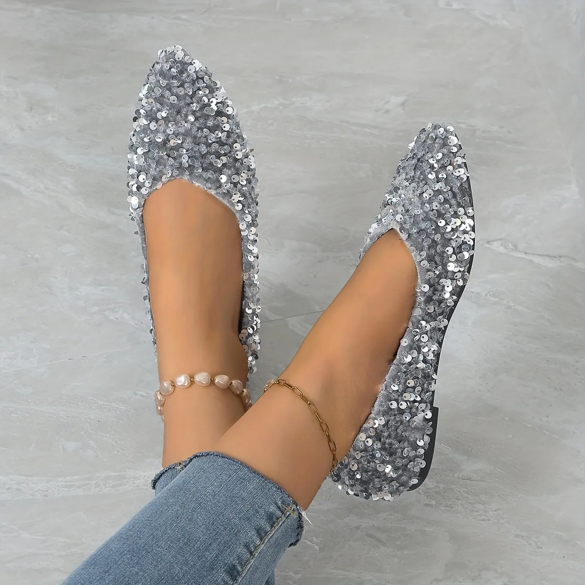 1 Pair Elegant French Style Pointed Toe Flats for Women, Sequin Embellished, Lightweight Slip-On Shoes with Rubber Sole, Fabric Upper, TPU Insole, Versatile for All Seasons
