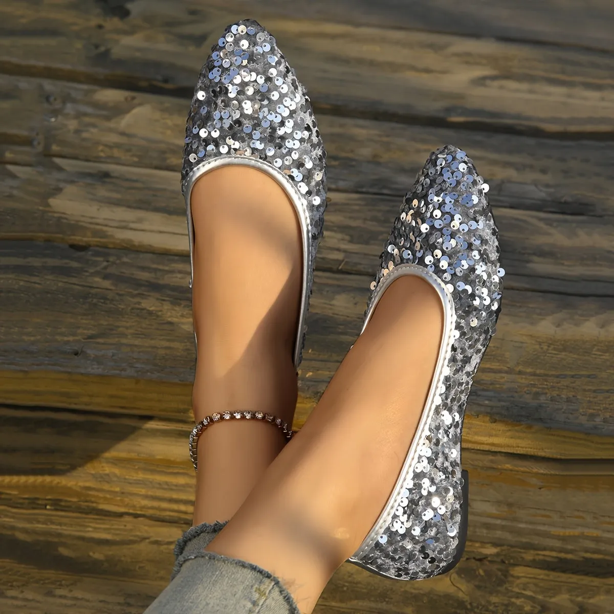 1 Pair Elegant French Style Pointed Toe Flats for Women, Sequin Embellished, Lightweight Slip-On Shoes with Rubber Sole, Fabric Upper, TPU Insole, Versatile for All Seasons