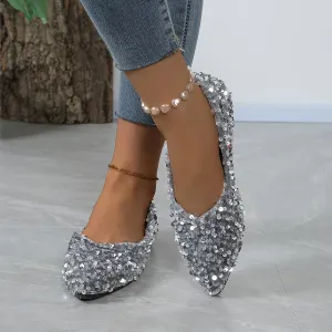 1 Pair Elegant French Style Pointed Toe Flats for Women, Sequin Embellished, Lightweight Slip-On Shoes with Rubber Sole, Fabric Upper, TPU Insole, Versatile for All Seasons