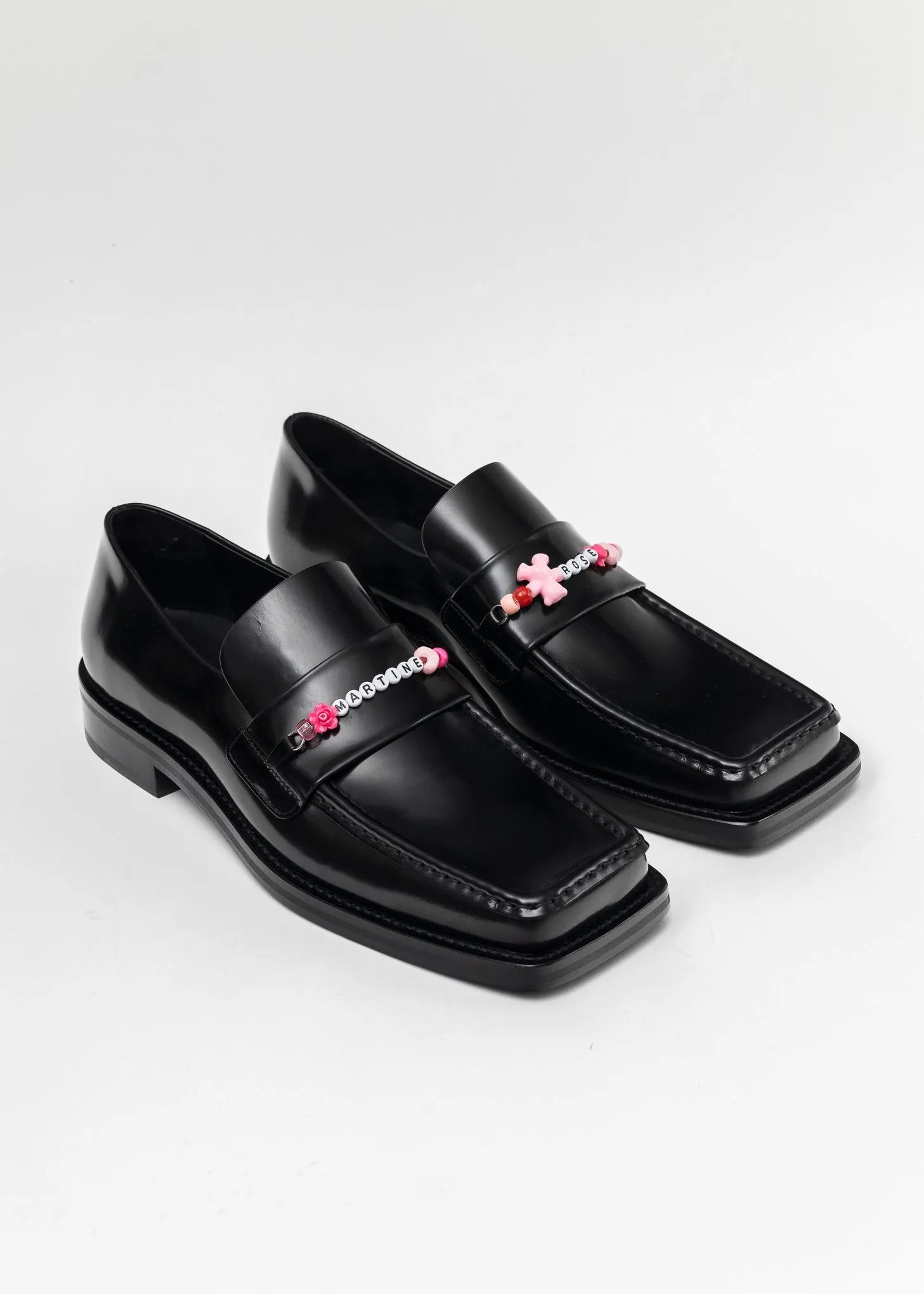 BLACK HIGH SHINE BEADED SQUARE TOE LOAFER