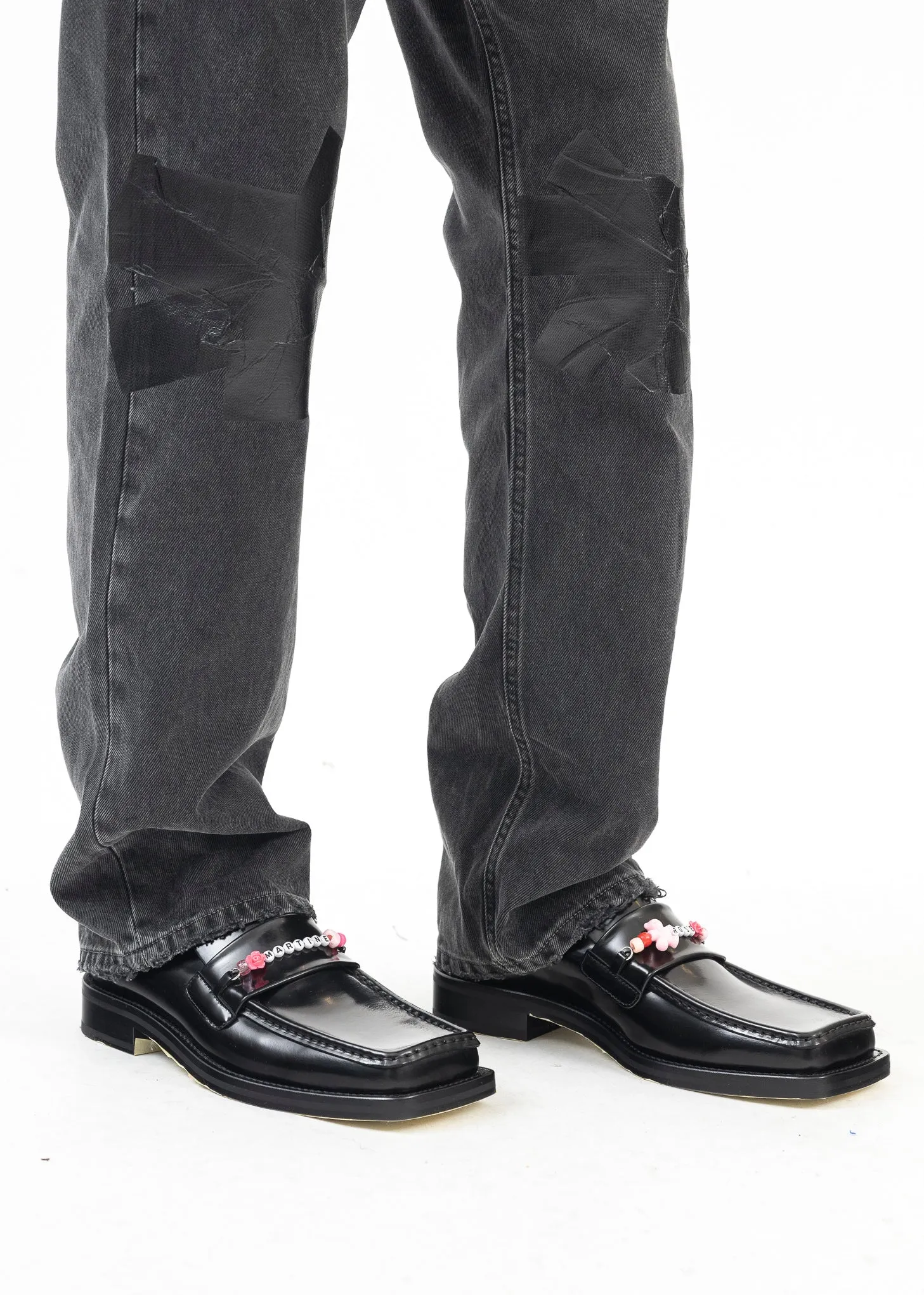 BLACK HIGH SHINE BEADED SQUARE TOE LOAFER