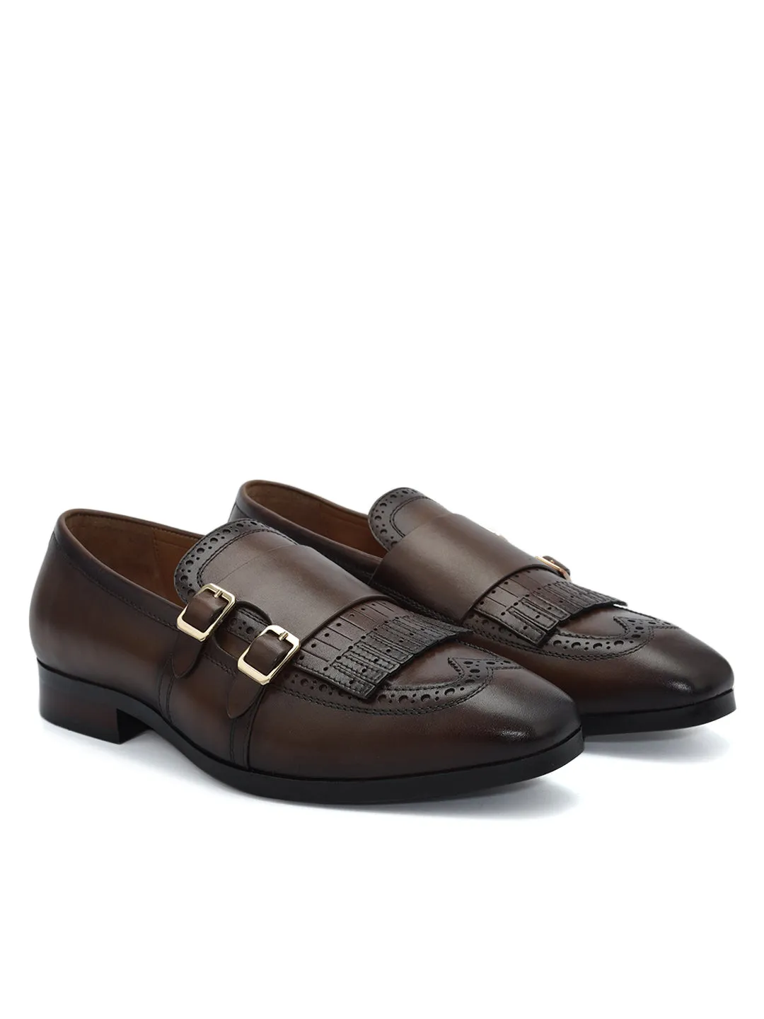 Brown Brogue Monk Straps Shoes