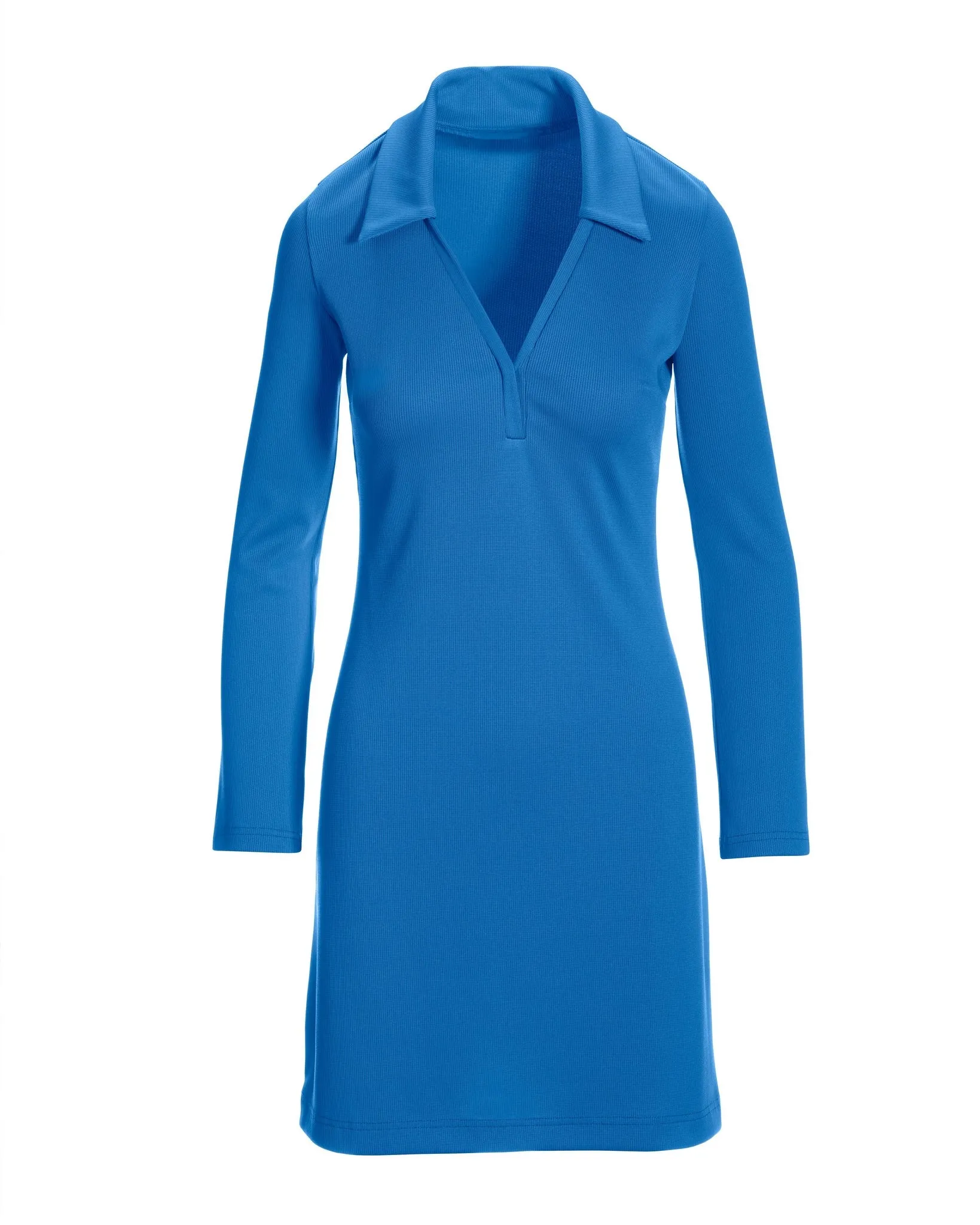 Collared v-neck long sleeve rib knit dress Palace Blue