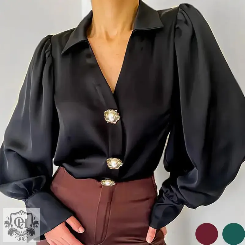 Elegant Satin Lantern Sleeve Shirt