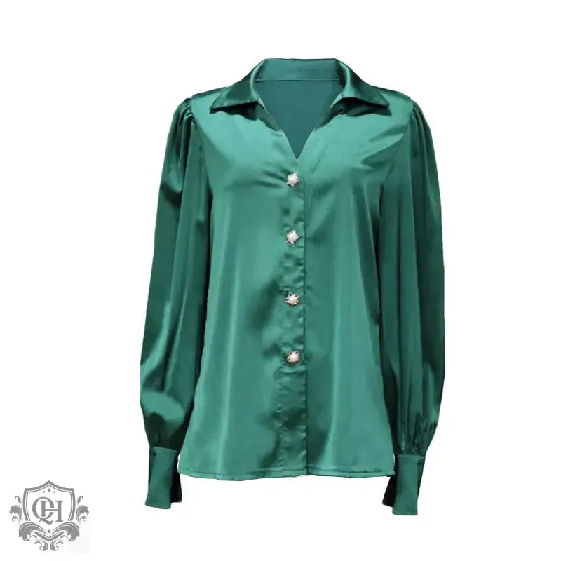 Elegant Satin Lantern Sleeve Shirt
