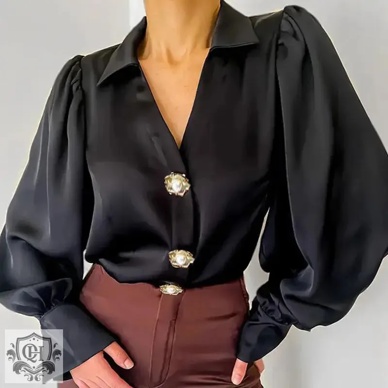 Elegant Satin Lantern Sleeve Shirt