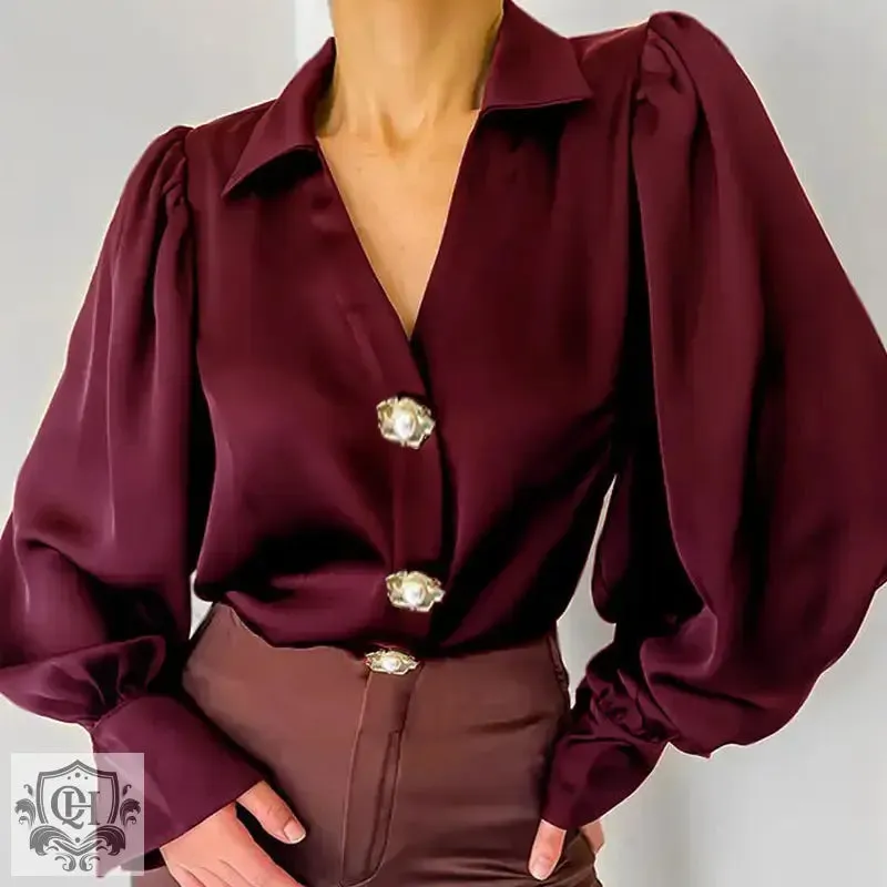 Elegant Satin Lantern Sleeve Shirt