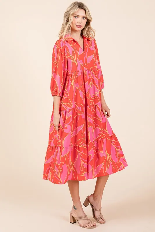 Fashionably Late Coral Tiered Printed Collared Neck Midi Dress