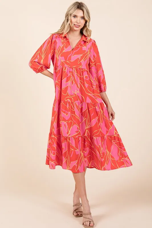 Fashionably Late Coral Tiered Printed Collared Neck Midi Dress