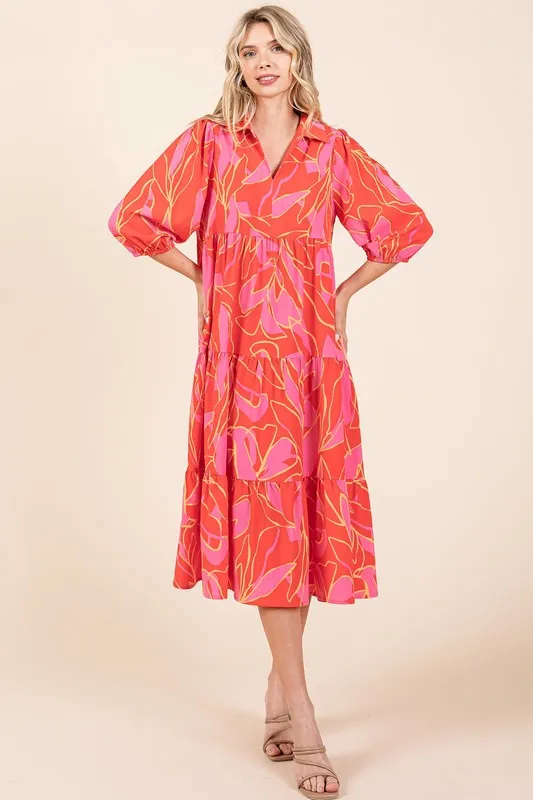 Fashionably Late Coral Tiered Printed Collared Neck Midi Dress