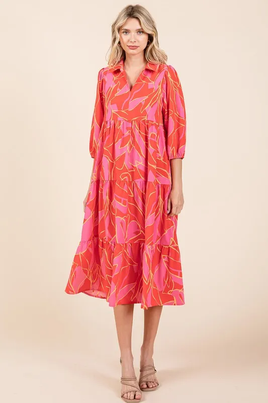 Fashionably Late Coral Tiered Printed Collared Neck Midi Dress