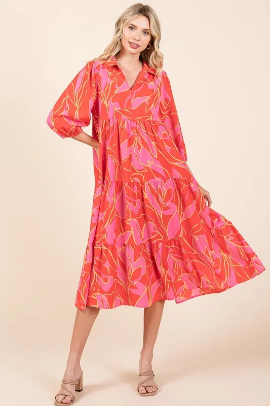 Fashionably Late Coral Tiered Printed Collared Neck Midi Dress