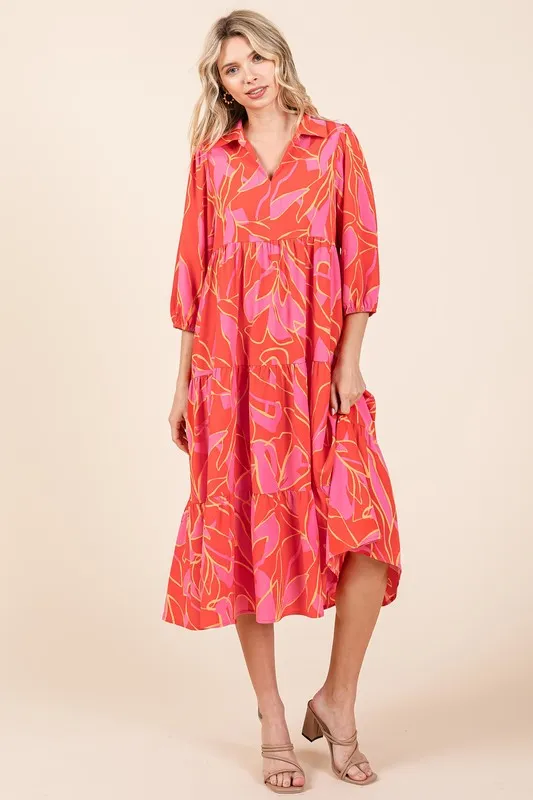Fashionably Late Coral Tiered Printed Collared Neck Midi Dress