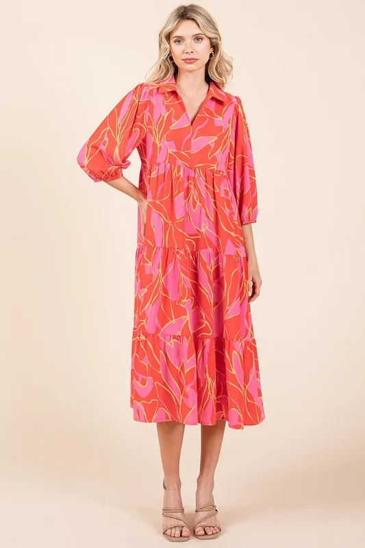 Fashionably Late Coral Tiered Printed Collared Neck Midi Dress