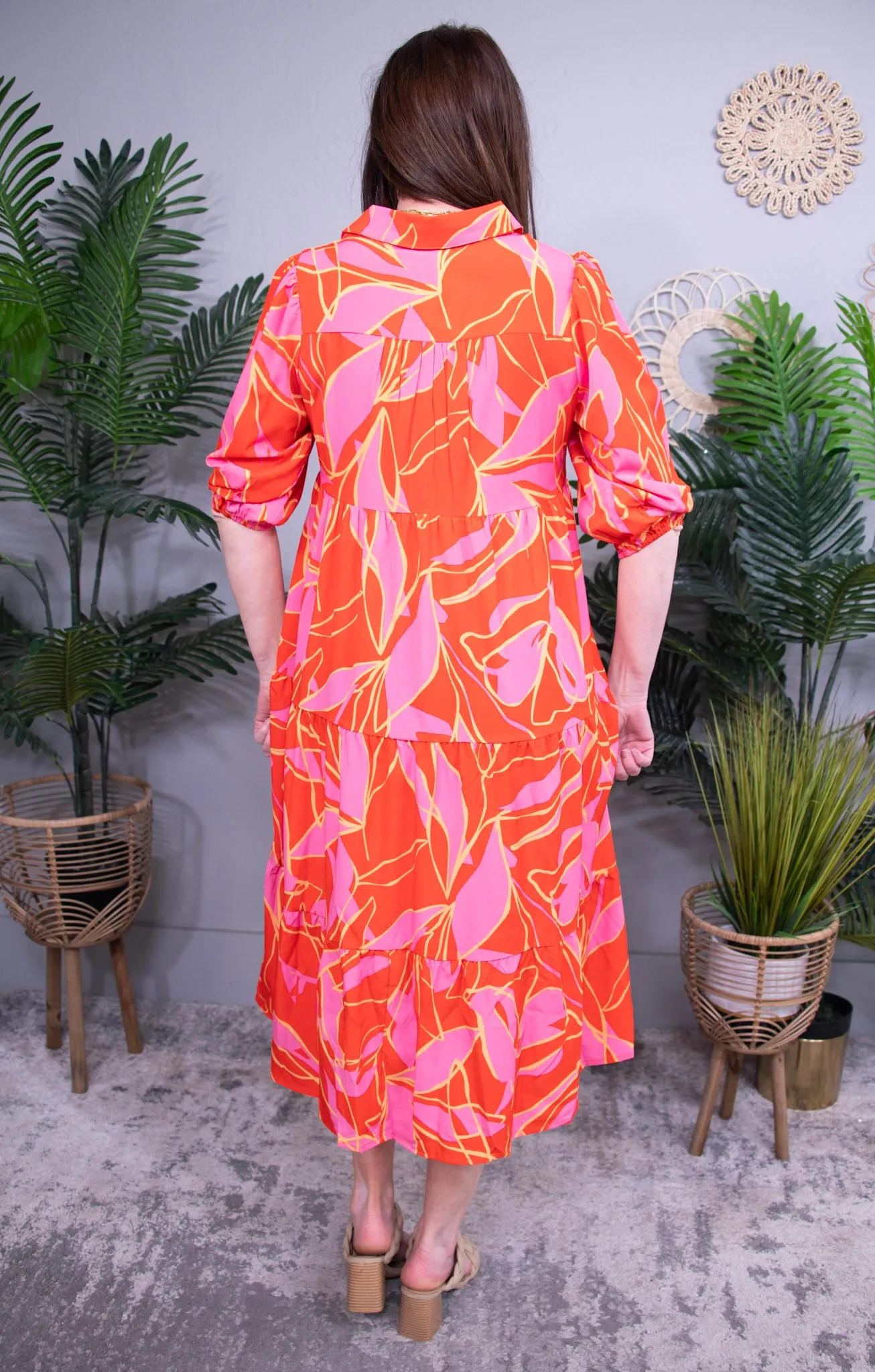 Fashionably Late Coral Tiered Printed Collared Neck Midi Dress