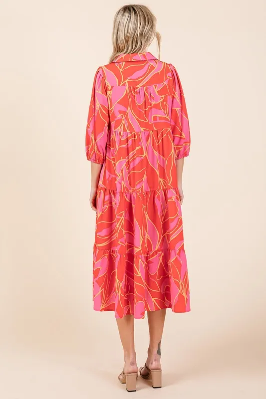 Fashionably Late Coral Tiered Printed Collared Neck Midi Dress
