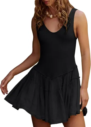 Gacaky Womens Sleeveless Mini Dress Casual Boho Ruffle Tiered Mini Dress High Waist Mini Skirts Golf Tennis Dresses