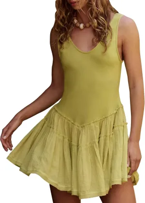 Gacaky Womens Sleeveless Mini Dress Casual Boho Ruffle Tiered Mini Dress High Waist Mini Skirts Golf Tennis Dresses