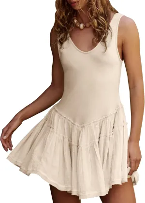 Gacaky Womens Sleeveless Mini Dress Casual Boho Ruffle Tiered Mini Dress High Waist Mini Skirts Golf Tennis Dresses