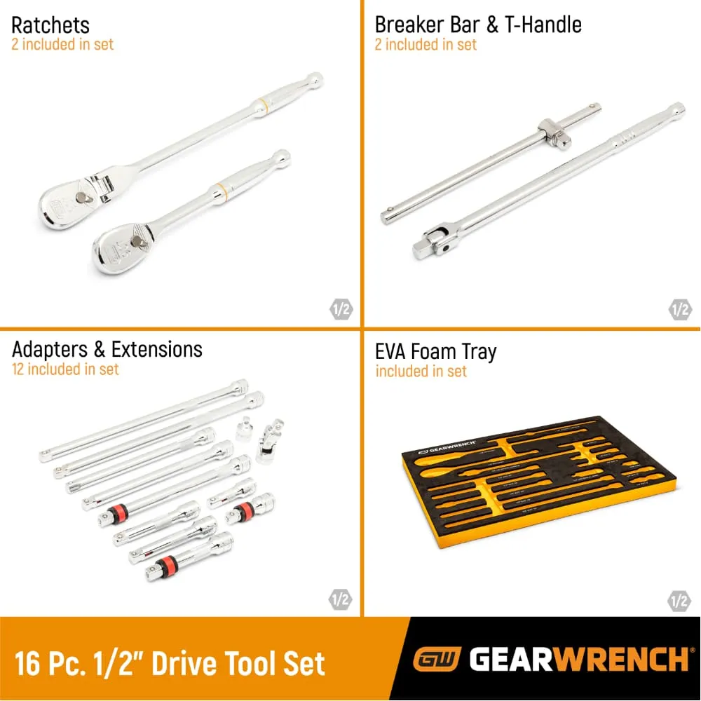 GearWrench 86522 18 Pc. 1/2" 90-Tooth Ratchet & Drive Tool Set with EVA Foam Tray