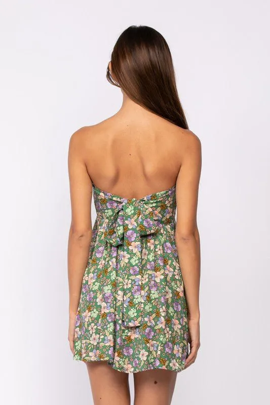 Lena Green Floral Print Strapless Mini Dress