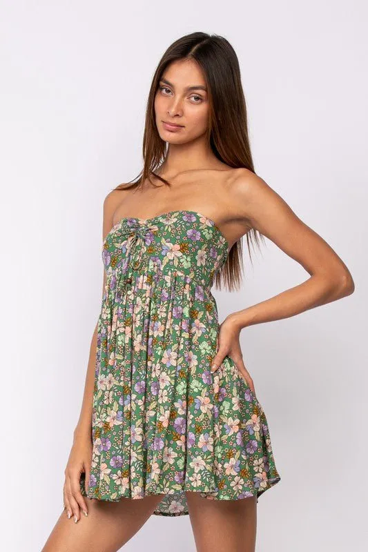 Lena Green Floral Print Strapless Mini Dress