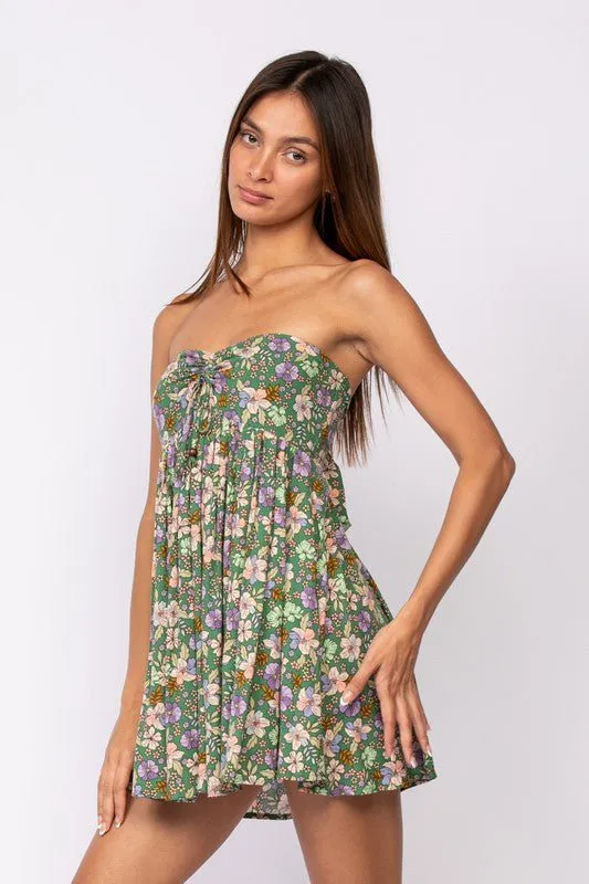 Lena Green Floral Print Strapless Mini Dress