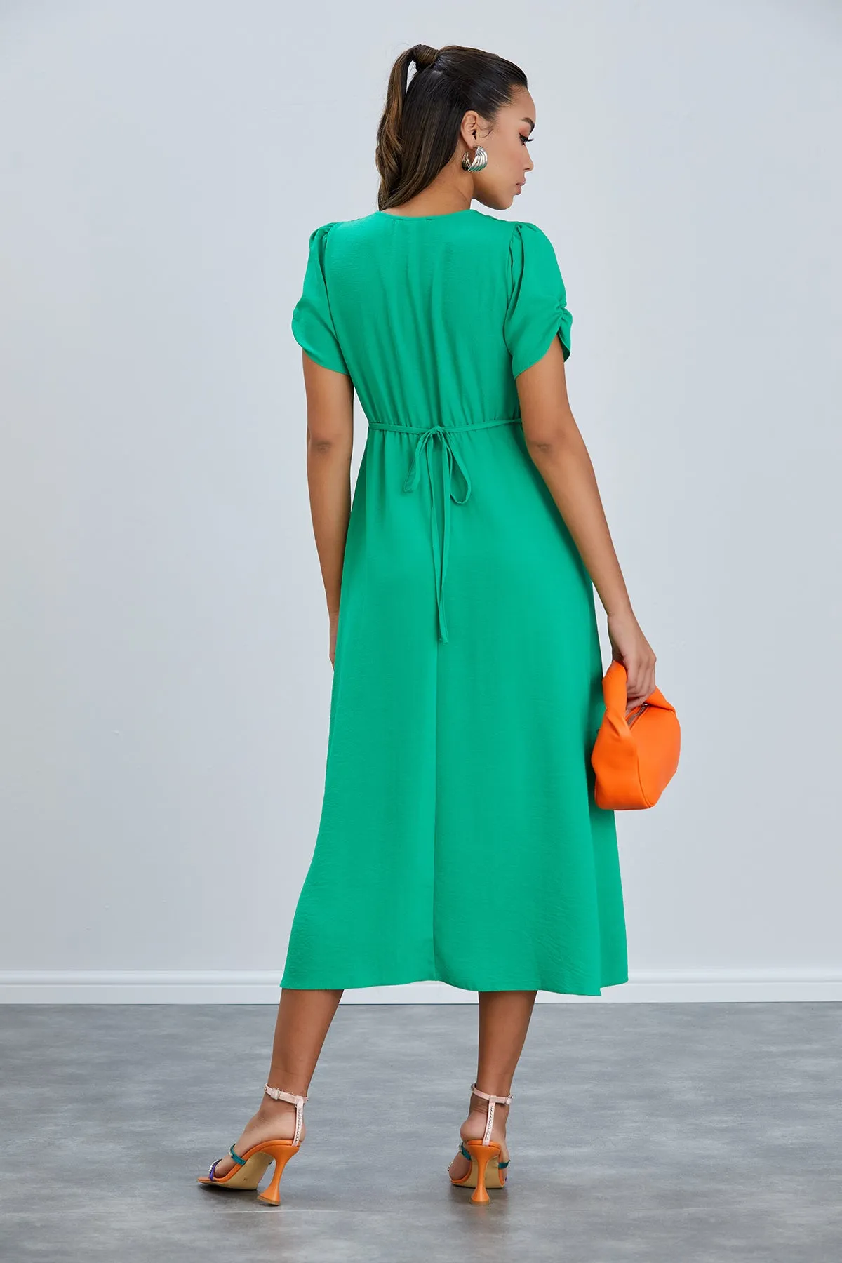 Linen Style Buttoned Shirt Midi Dress in Green