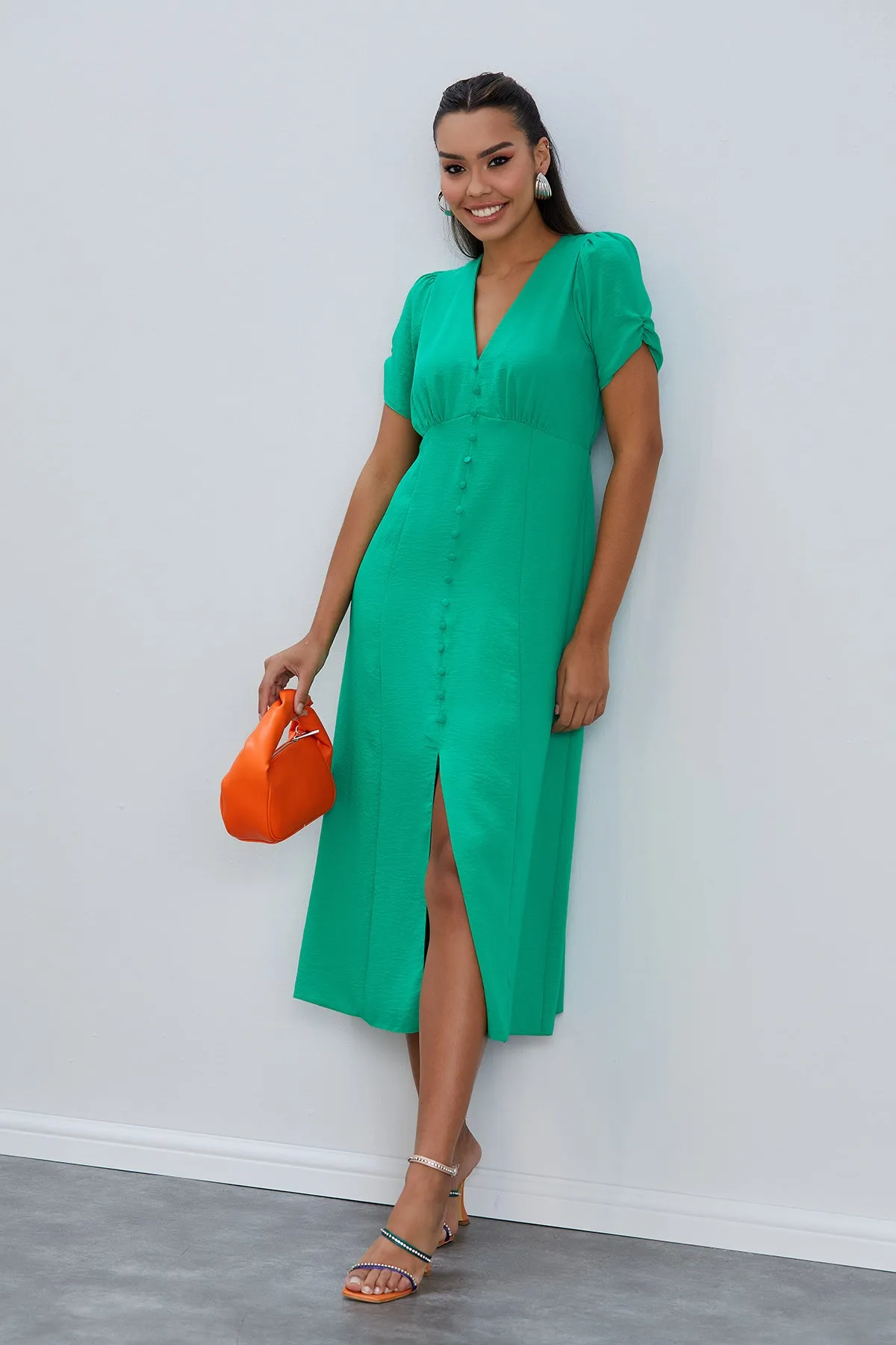 Linen Style Buttoned Shirt Midi Dress in Green