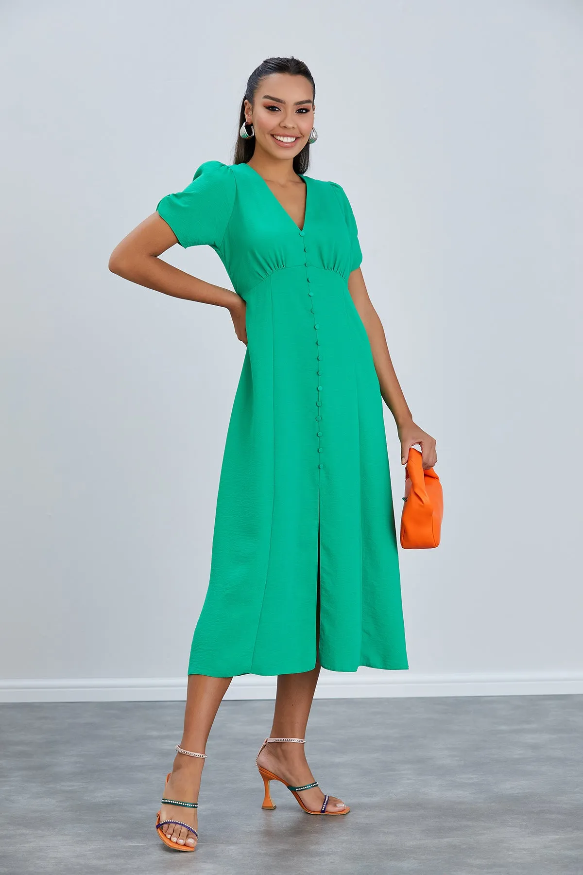 Linen Style Buttoned Shirt Midi Dress in Green