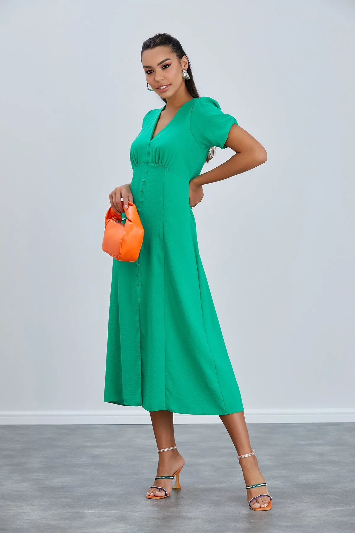 Linen Style Buttoned Shirt Midi Dress in Green