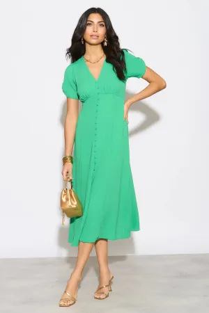 Linen Style Buttoned Shirt Midi Dress in Green
