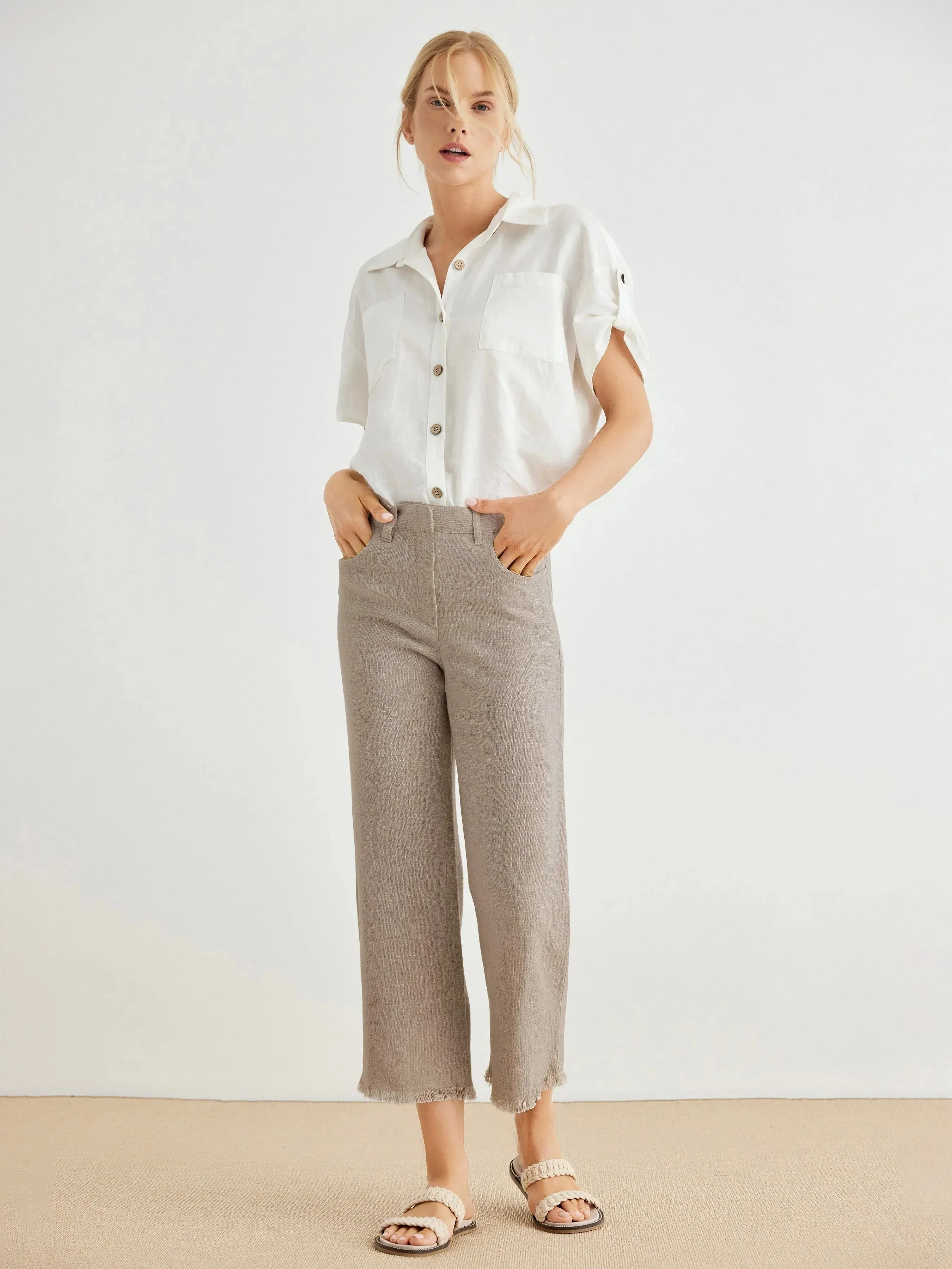 Maisie Linen Raw Hem Straight-Leg Pants