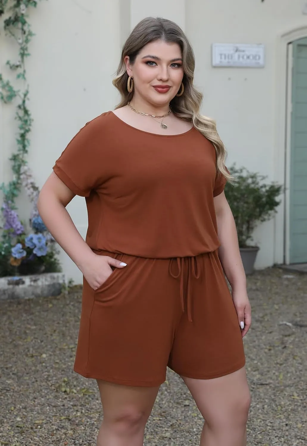 Nemidor Plus Size Rompers for Curvy Women Casual Summer One Piece Short Sleeve Loose Elastic Waist Jumpsuit with Pocket
