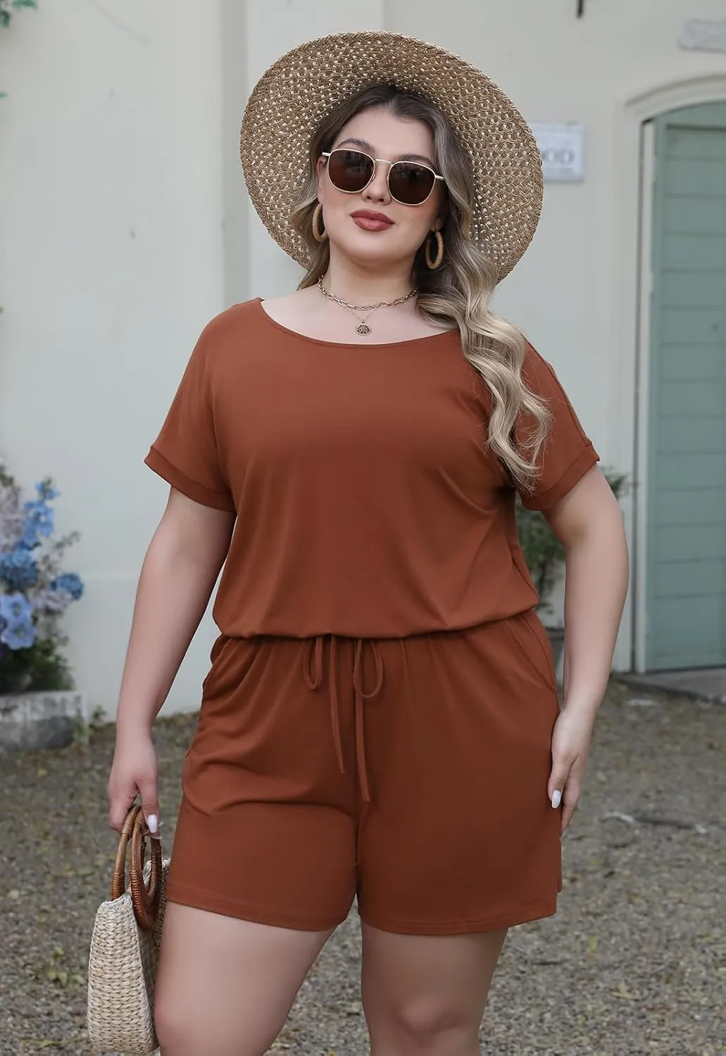 Nemidor Plus Size Rompers for Curvy Women Casual Summer One Piece Short Sleeve Loose Elastic Waist Jumpsuit with Pocket