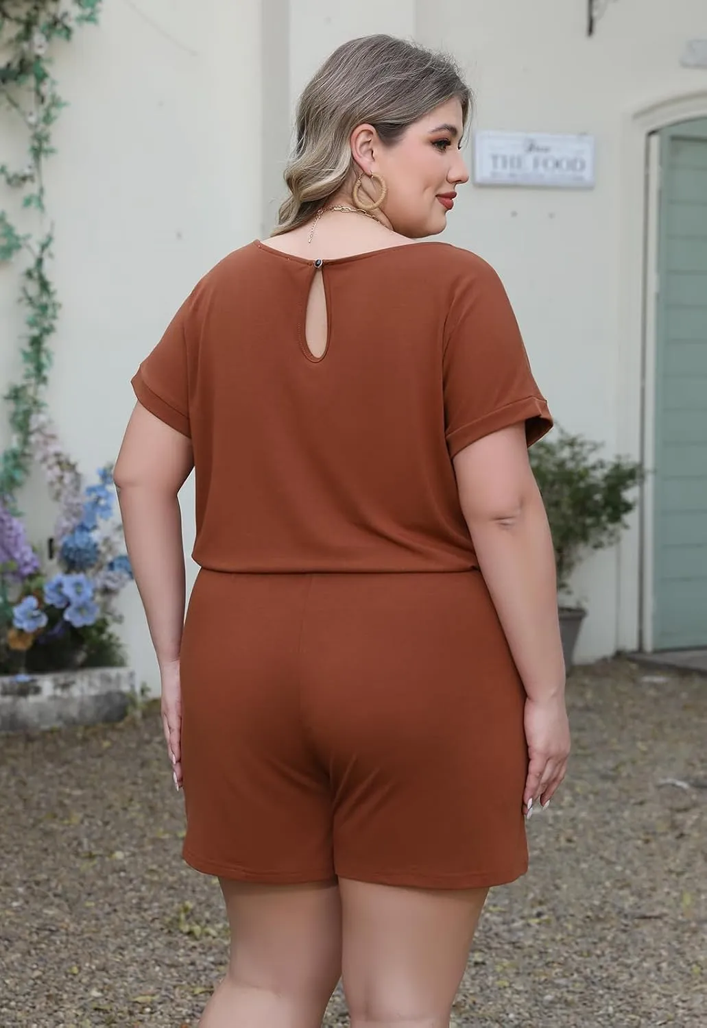 Nemidor Plus Size Rompers for Curvy Women Casual Summer One Piece Short Sleeve Loose Elastic Waist Jumpsuit with Pocket