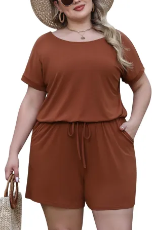 Nemidor Plus Size Rompers for Curvy Women Casual Summer One Piece Short Sleeve Loose Elastic Waist Jumpsuit with Pocket