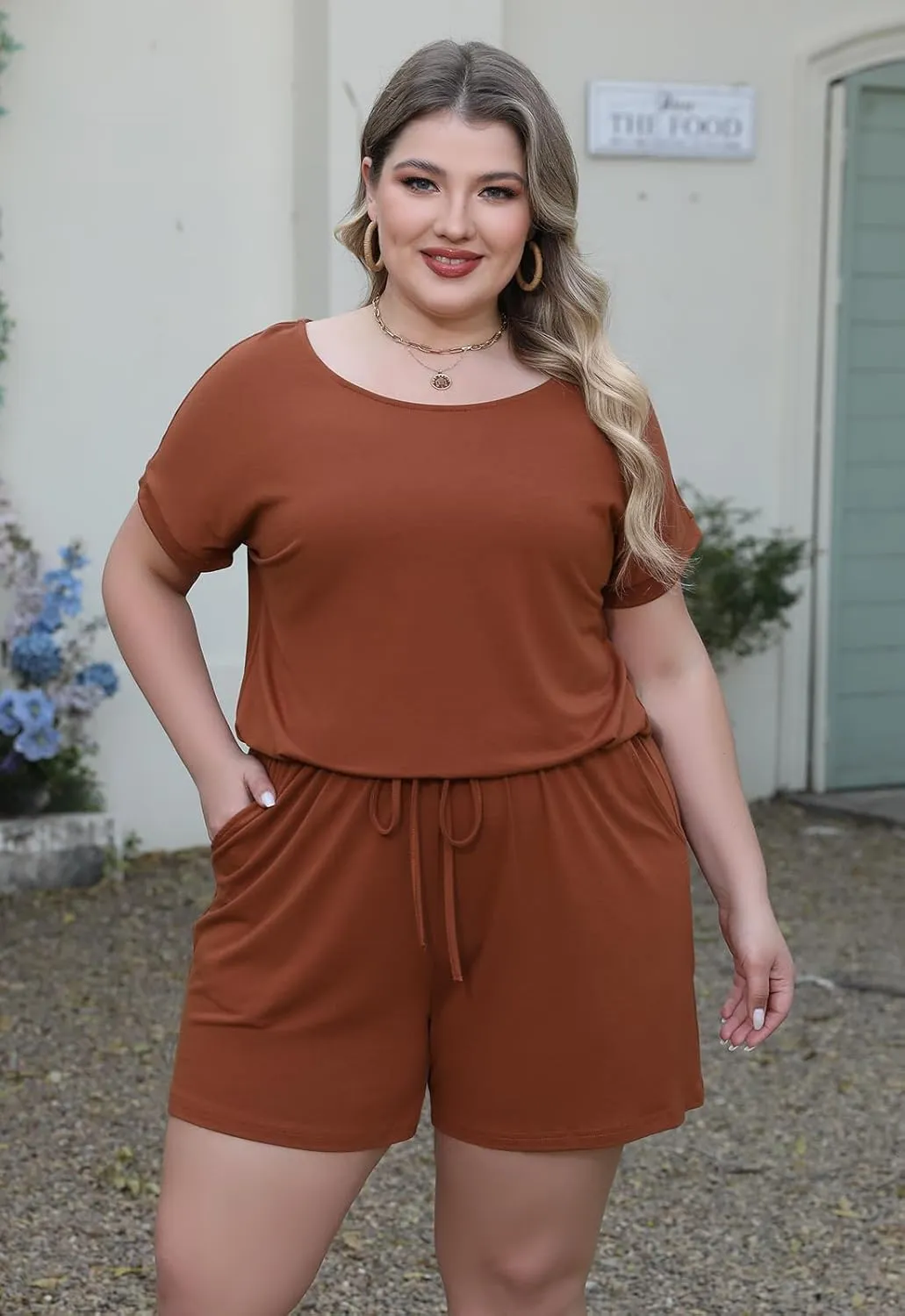 Nemidor Plus Size Rompers for Curvy Women Casual Summer One Piece Short Sleeve Loose Elastic Waist Jumpsuit with Pocket