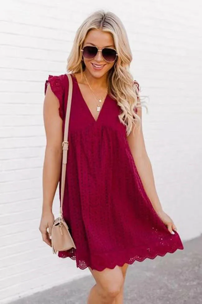 New Lace Jacquard Hollow V-Neck Dress Women With Pockets