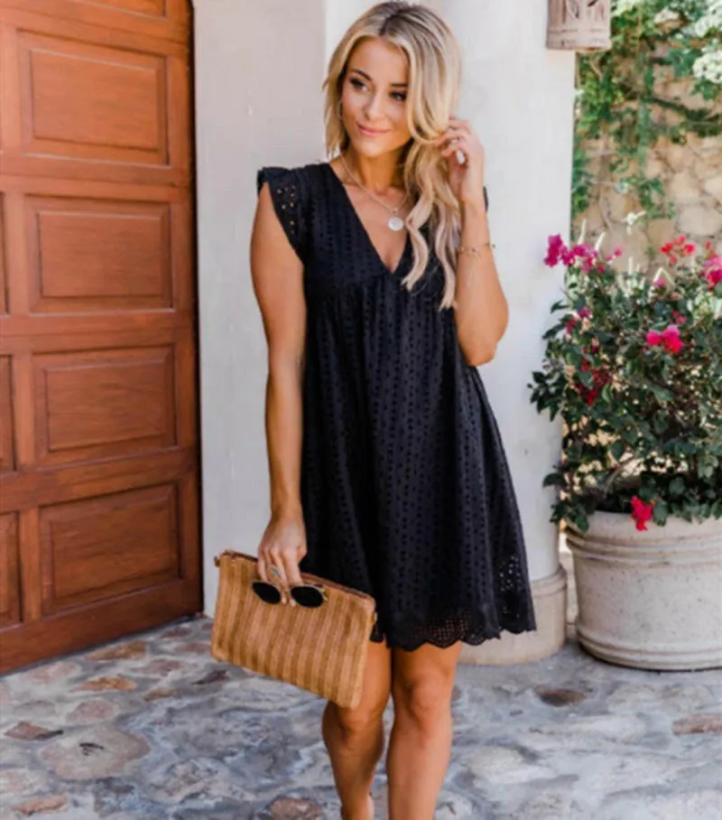 New Lace Jacquard Hollow V-Neck Dress Women With Pockets